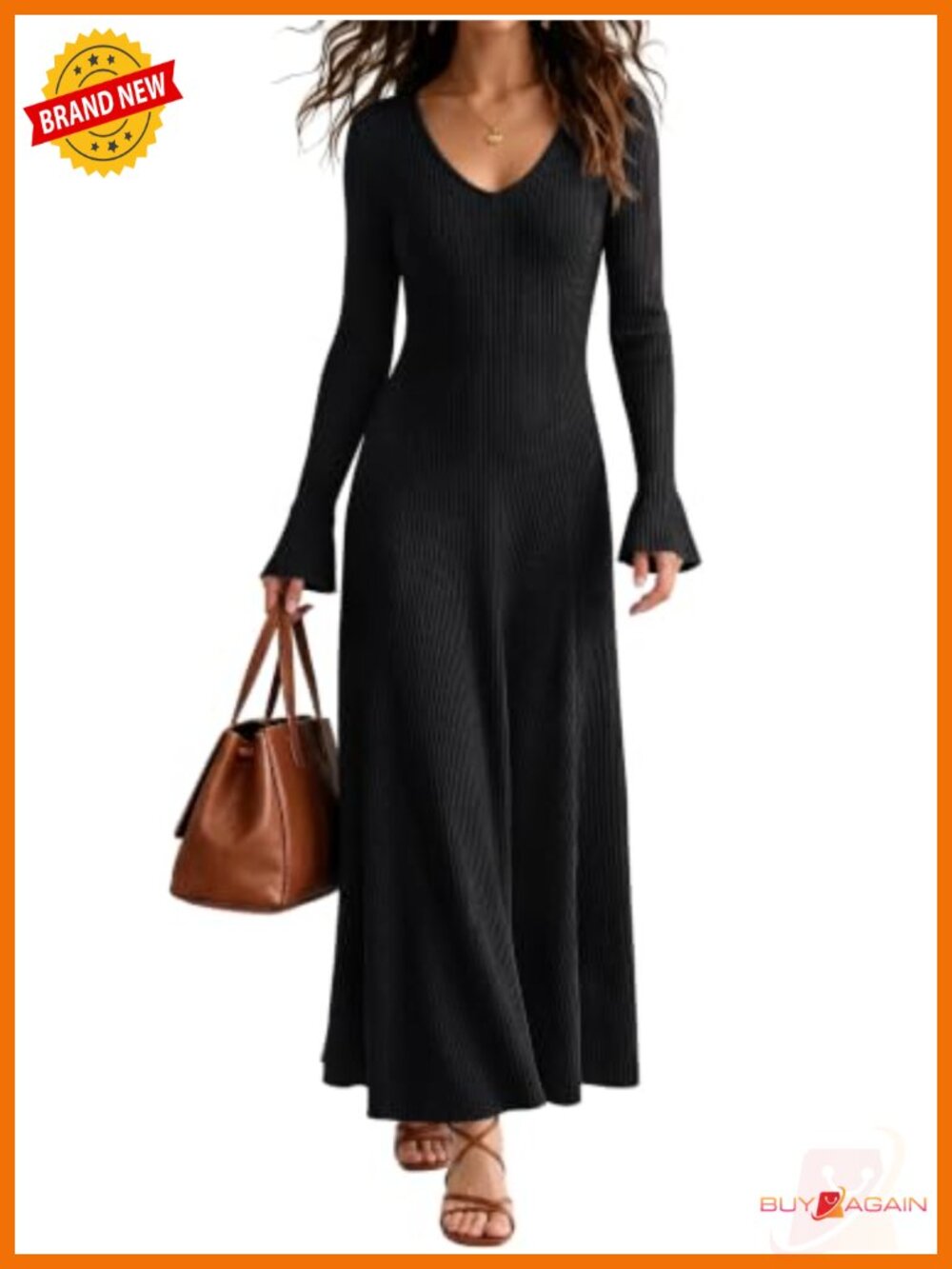 Women Long Sleeve Maxi Dress V Neck A Line Ribbed Knit Slim Fit Sweater Dress